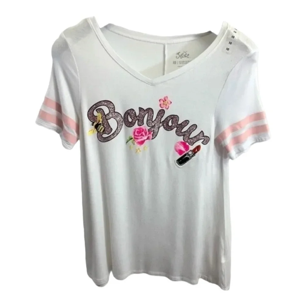 Justice‎ T-Shirt Girls 10 Pink Graphic Bonjour V-Neck Short Sleeve Floral Stripe